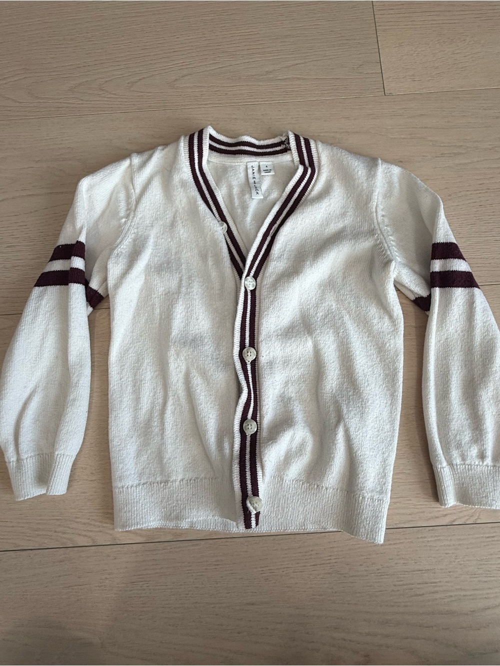 Janie and Jack Cream Cardigan with Maroon Stripe Trim | 4T